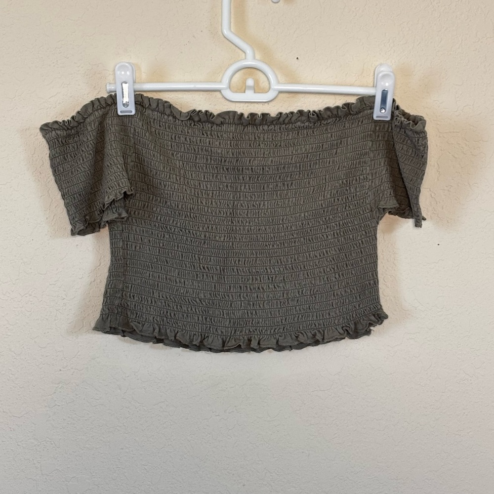 Olive Off-Shoulder Smocked Top. Size M